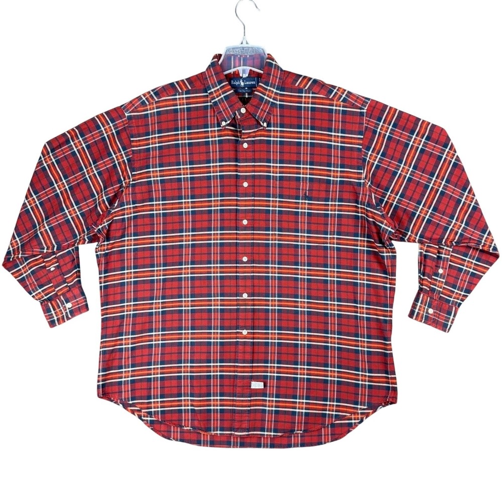 Vtg 90s Ralph Lauren The Big Shirt Mens L Plaid Red Blue Pony Cotton Long Sleeve